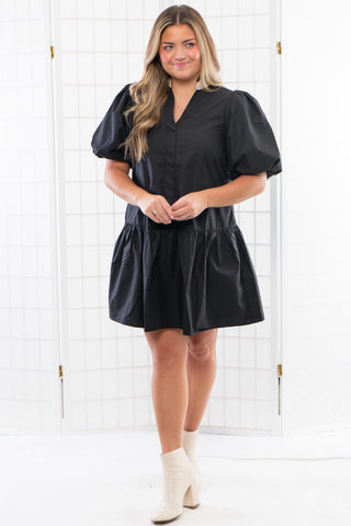 THML Black Puff Sleeve V Neck Mini Dress-Dresses-THML-L. Mae Boutique & Wild Mabel Clothing