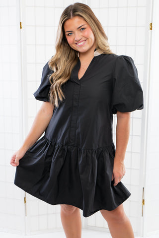 THML Black Puff Sleeve V Neck Mini Dress-Dresses-THML-L. Mae Boutique & Wild Mabel Clothing