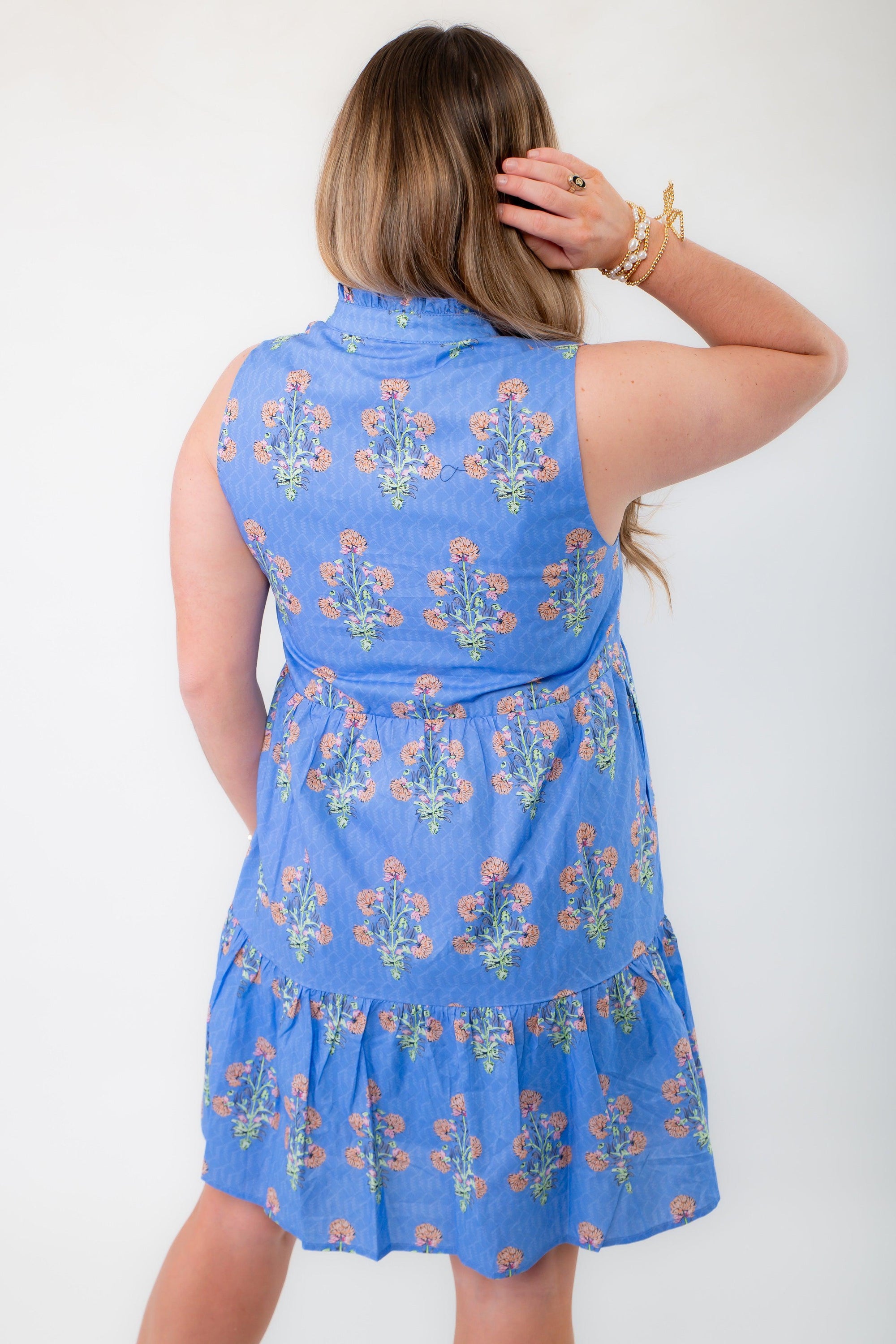 THML Blue Floral Sleeveless Tiered Mini Dress-Dresses-THML-L. Mae Boutique &amp; Wild Mabel Clothing