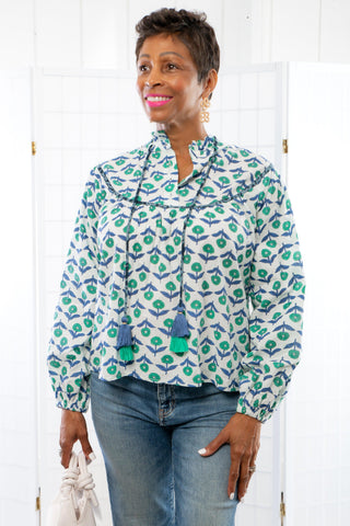 THML Blue Flower Block Print Long Sleeve Top-Tops-THML-L. Mae Boutique & Wild Mabel Clothing