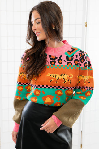 THML Cheetah Pattern Block Sweater-Tops-THML-L. Mae Boutique & Wild Mabel Clothing