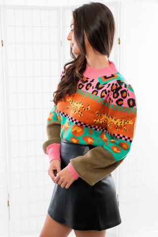 THML Cheetah Pattern Block Sweater-Tops-THML-L. Mae Boutique & Wild Mabel Clothing