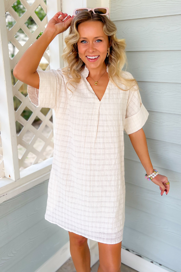 THML Cream Textured Short Sleeve Shift Dress-Dresses-THML-L. Mae Boutique &amp; Wild Mabel Clothing