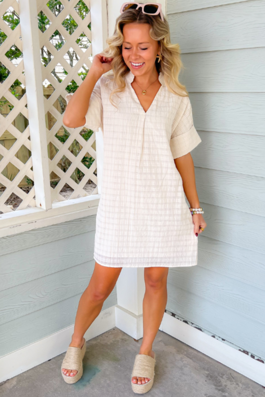 THML Cream Textured Short Sleeve Shift Dress-Dresses-THML-L. Mae Boutique & Wild Mabel Clothing