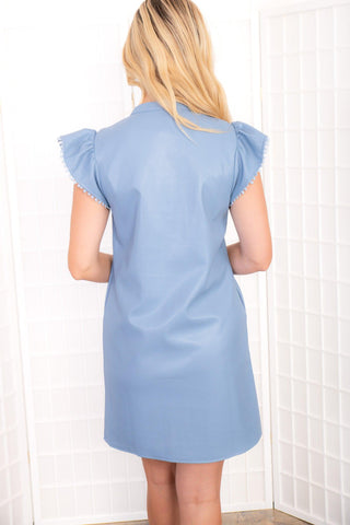 THML Faux Leather V Neck Blue Mini Dress-THML-L. Mae Boutique
