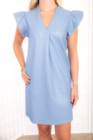 THML Faux Leather V Neck Blue Mini Dress-Dresses-THML-L. Mae Boutique & Wild Mabel Clothing