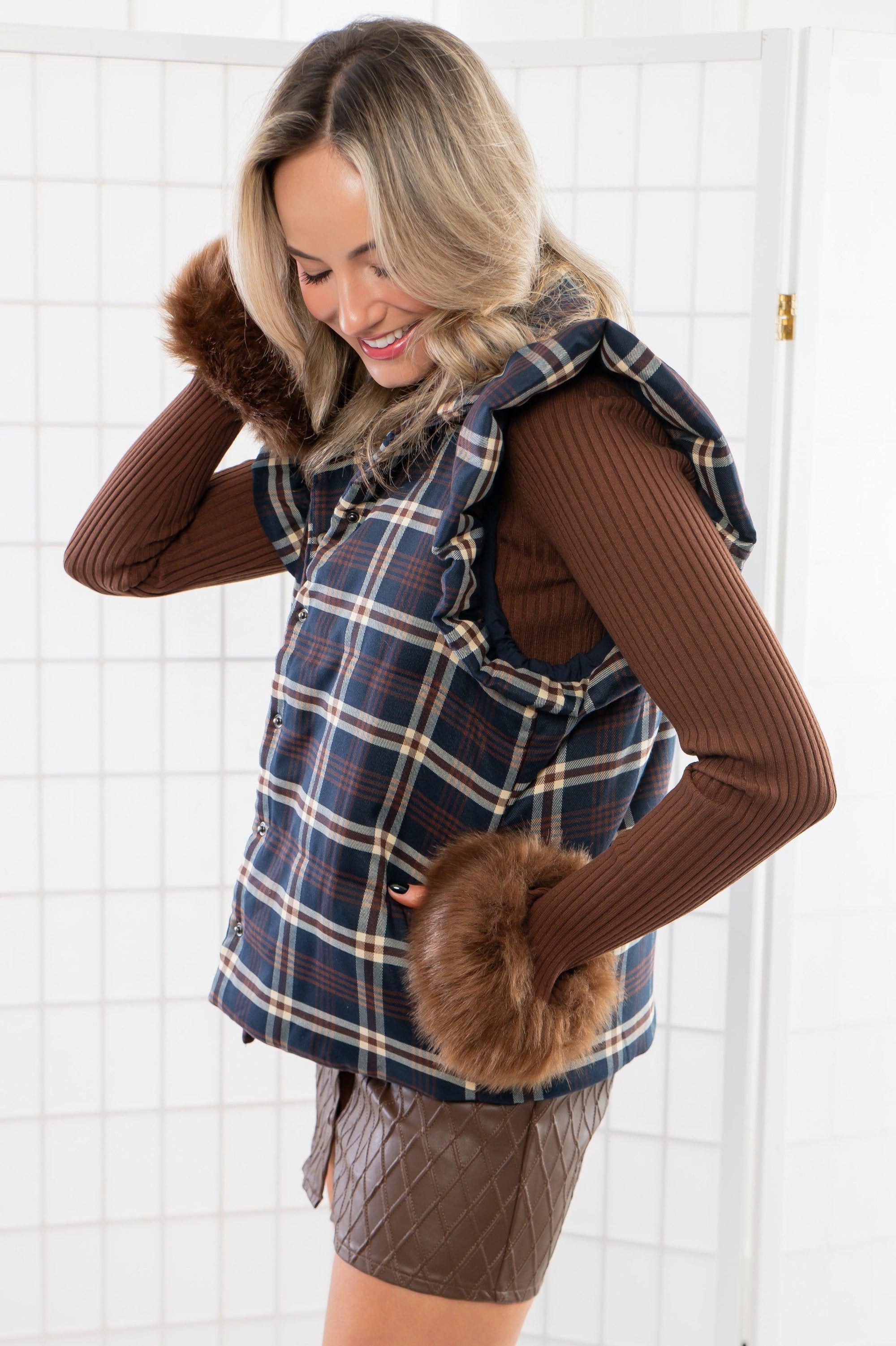 THML Here for Plaid Navy Ruffle Shoulder Plaid Puffer Vest-Outerwear-THML-L. Mae Boutique &amp; Wild Mabel Clothing