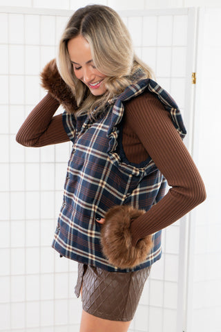 THML Here for Plaid Navy Ruffle Shoulder Plaid Puffer Vest-Outerwear-THML-L. Mae Boutique & Wild Mabel Clothing