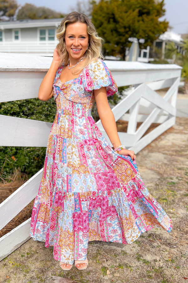 THML Juliette Patchwork Pink &amp; Blue Puff Sleeve Maxi Dress-Dresses-THML-L. Mae Boutique &amp; Wild Mabel Clothing