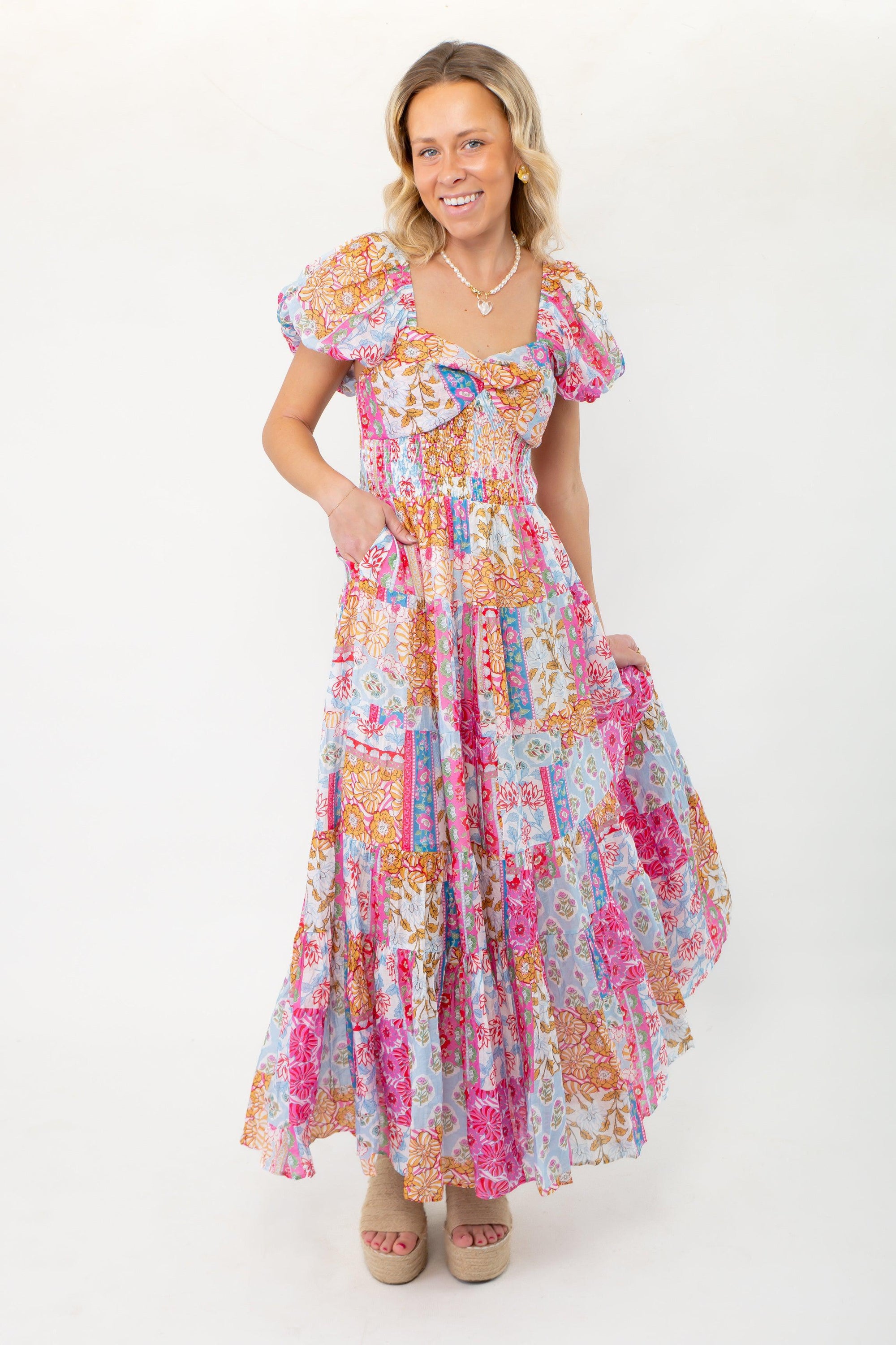 THML Juliette Patchwork Pink & Blue Puff Sleeve Maxi Dress-Dresses-THML-L. Mae Boutique & Wild Mabel Clothing