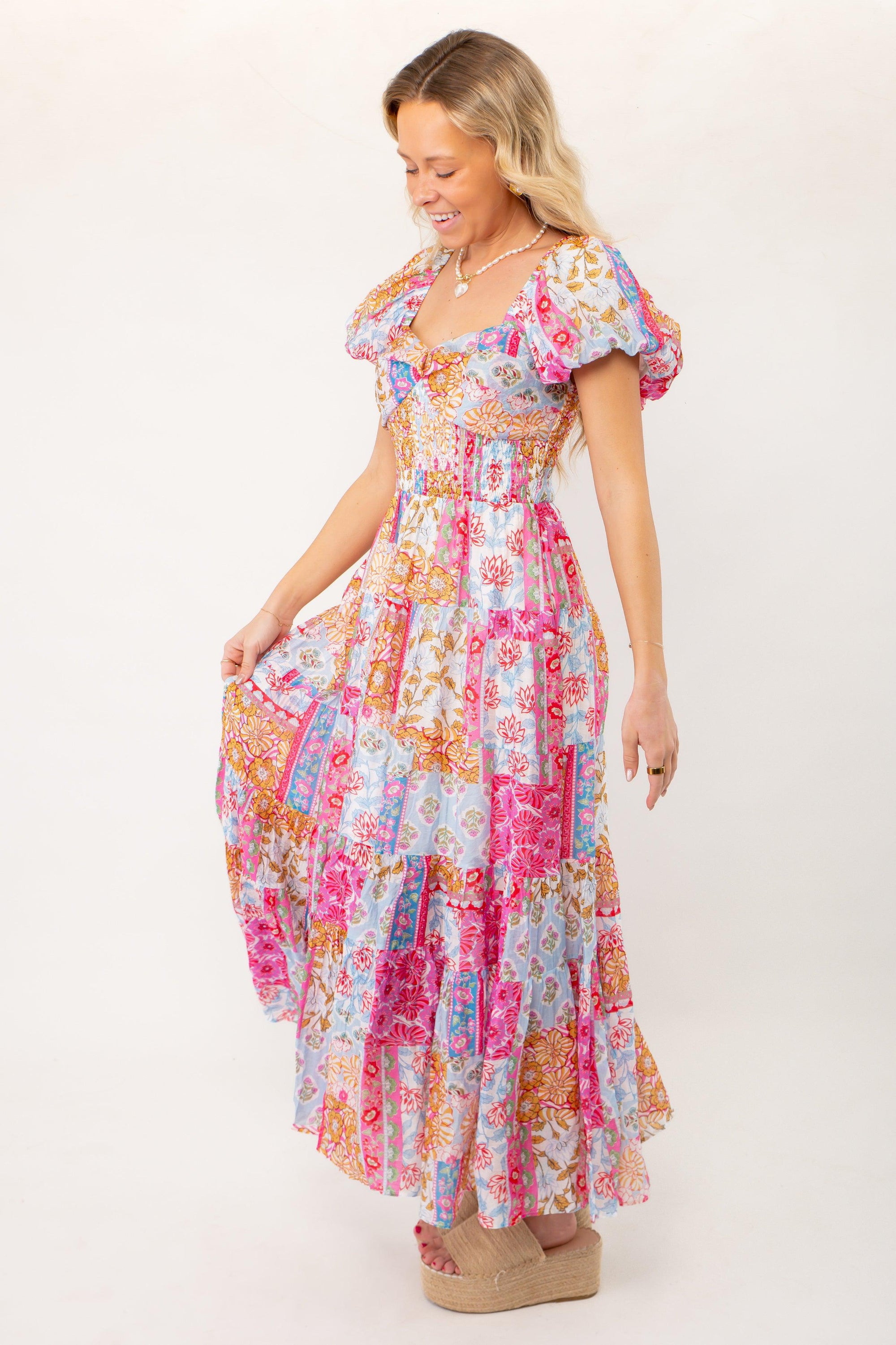 THML Juliette Patchwork Pink &amp; Blue Puff Sleeve Maxi Dress-Dresses-THML-L. Mae Boutique &amp; Wild Mabel Clothing