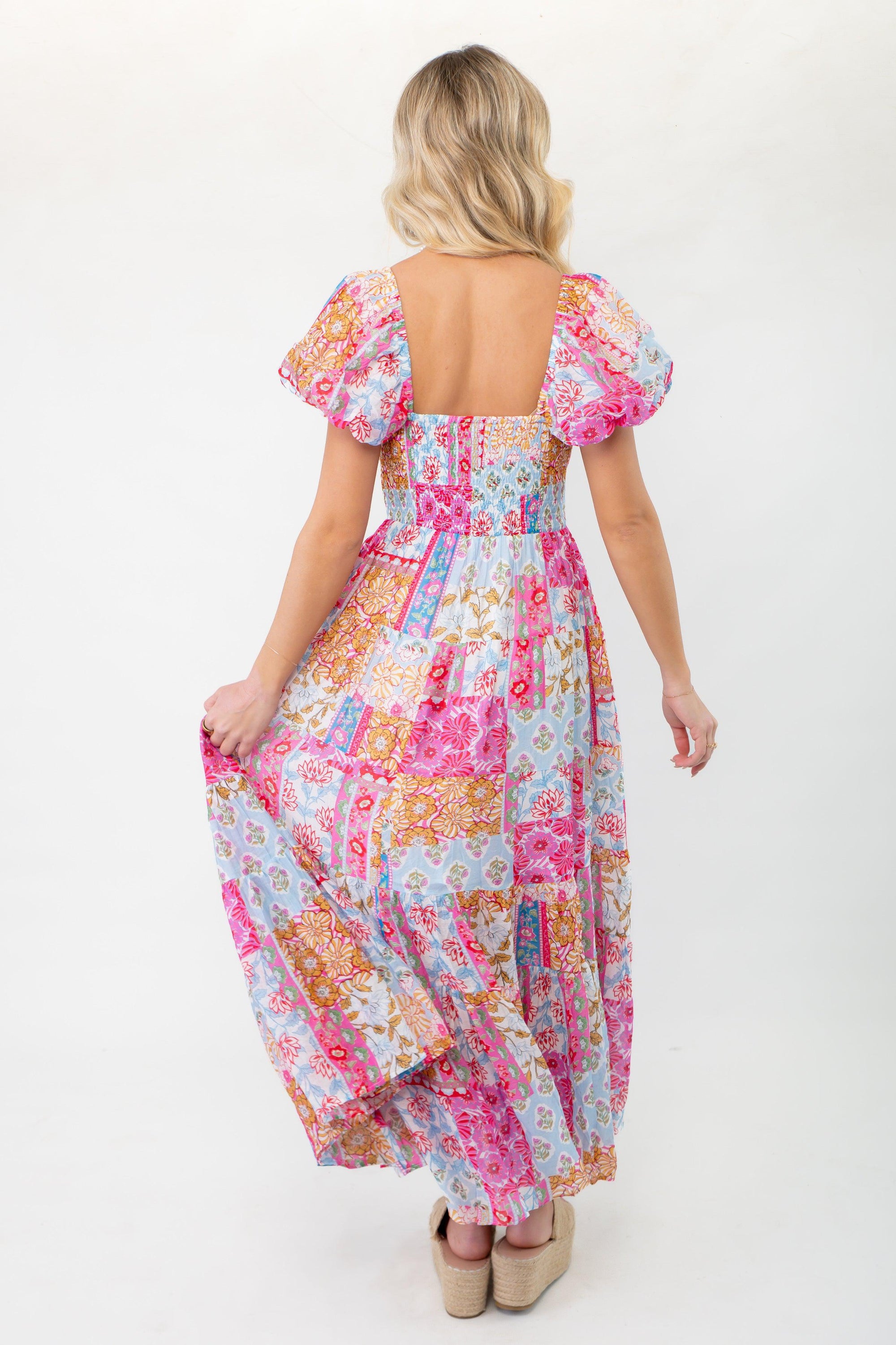 THML Juliette Patchwork Pink &amp; Blue Puff Sleeve Maxi Dress-Dresses-THML-L. Mae Boutique &amp; Wild Mabel Clothing