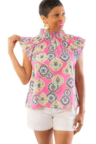 THML Lucy Lou Pink Printed High Neck Ruffle Sleeve Top-THML-L. Mae Boutique