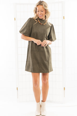 THML Olive Green Suede Puff Sleeve Dress-Dresses-THML-L. Mae Boutique & Wild Mabel Clothing