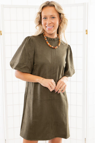 THML Olive Green Suede Puff Sleeve Dress-Dresses-THML-L. Mae Boutique & Wild Mabel Clothing