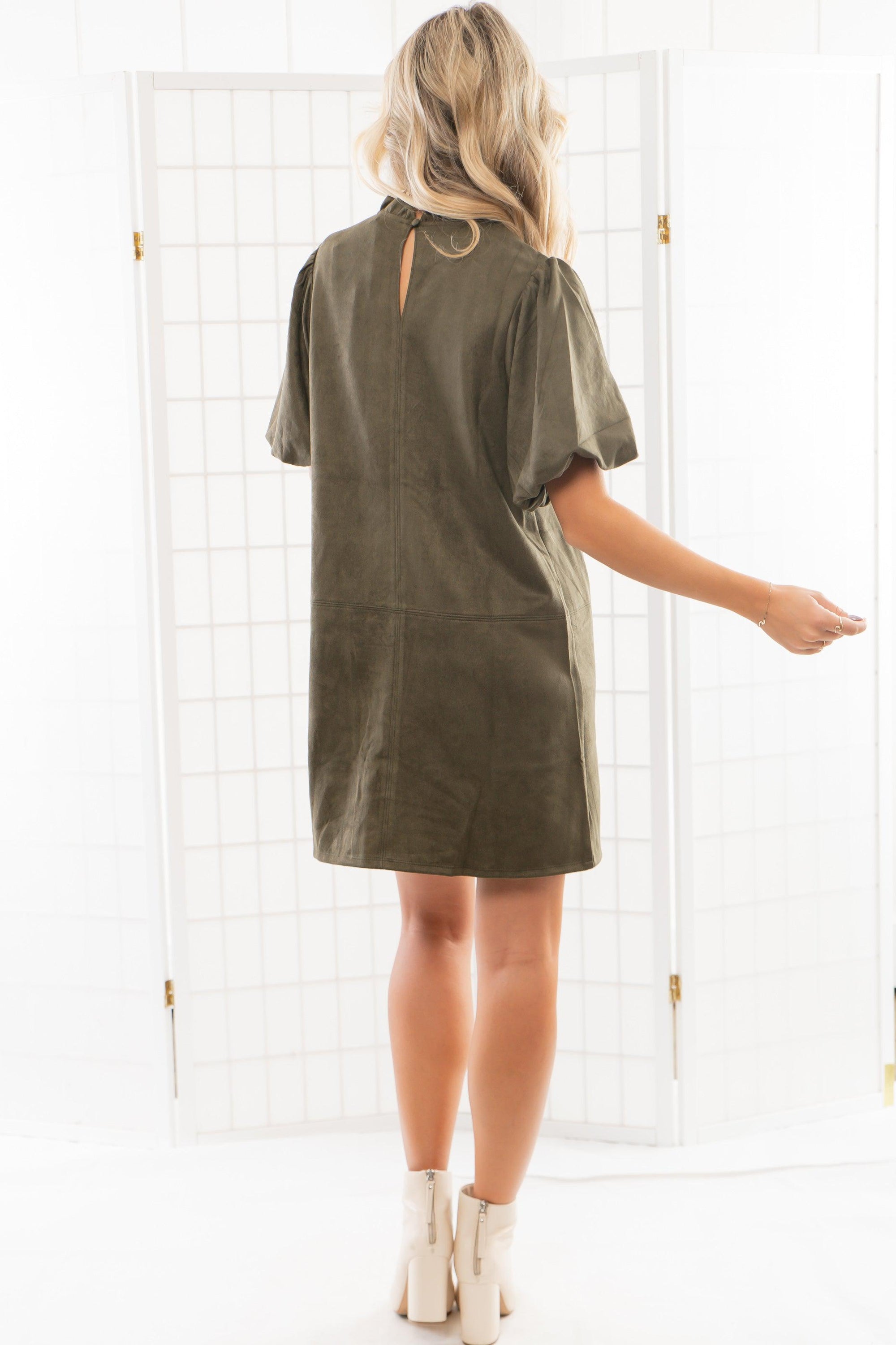 THML Olive Green Suede Puff Sleeve Dress-Dresses-THML-L. Mae Boutique &amp; Wild Mabel Clothing