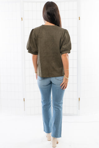 THML Olive Suede Puff Sleeve Top-Tops-THML-L. Mae Boutique & Wild Mabel Clothing