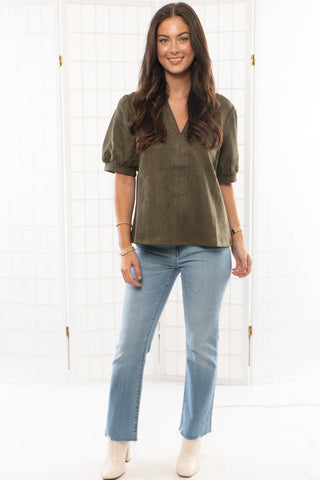 THML Olive Suede Puff Sleeve Top-Tops-THML-L. Mae Boutique & Wild Mabel Clothing