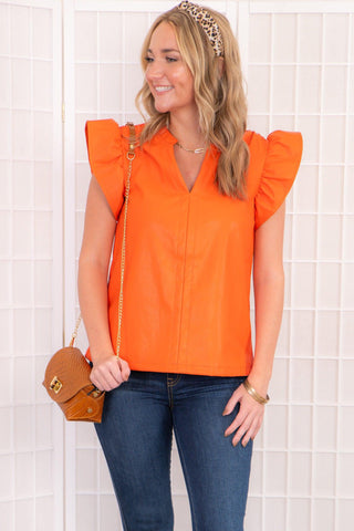 THML Orange Flutter Sleeve Leather Top-THML-L. Mae Boutique
