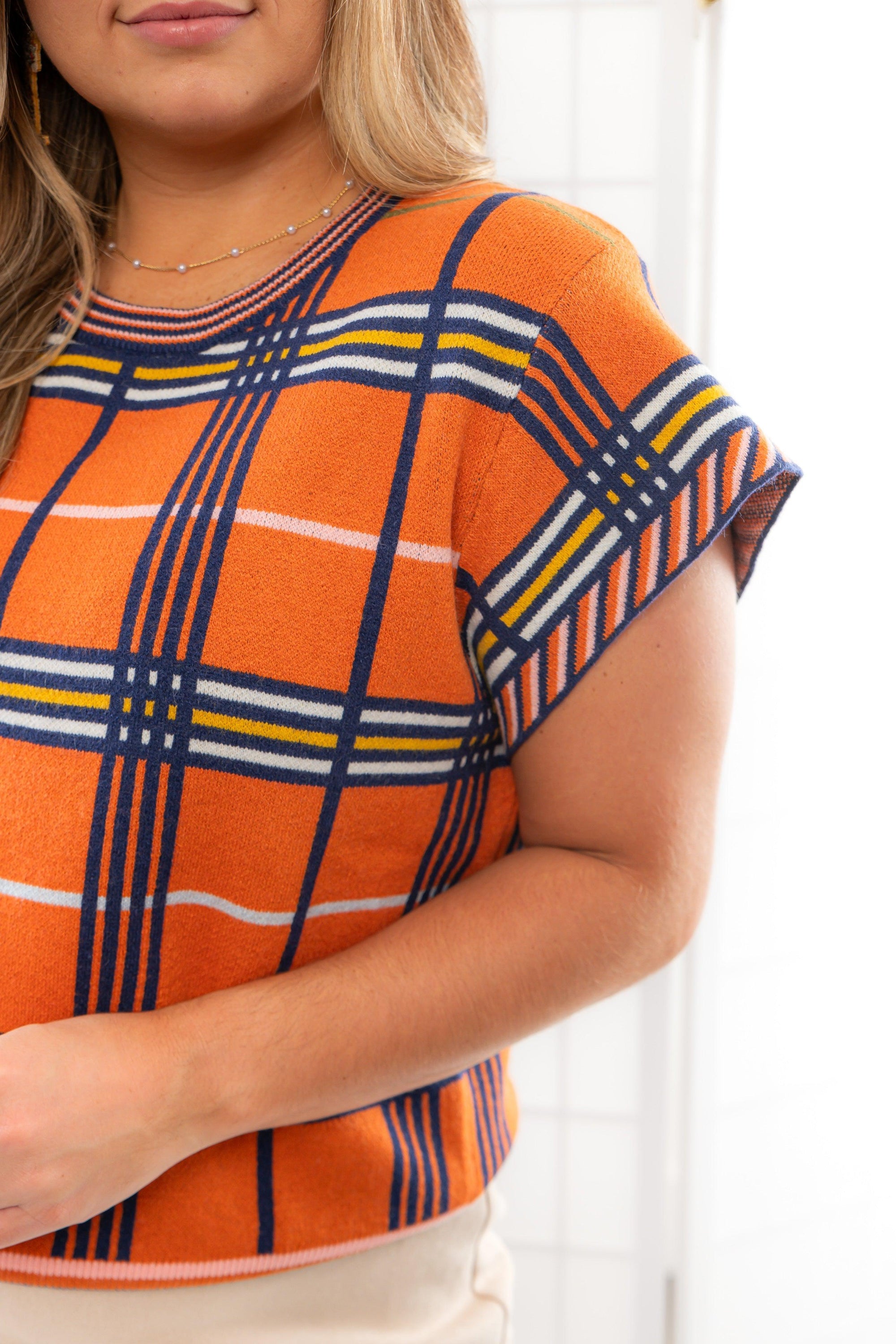 THML Orange Plaid Printed Short Sleeve Knit Top-Tops-THML-L. Mae Boutique &amp; Wild Mabel Clothing