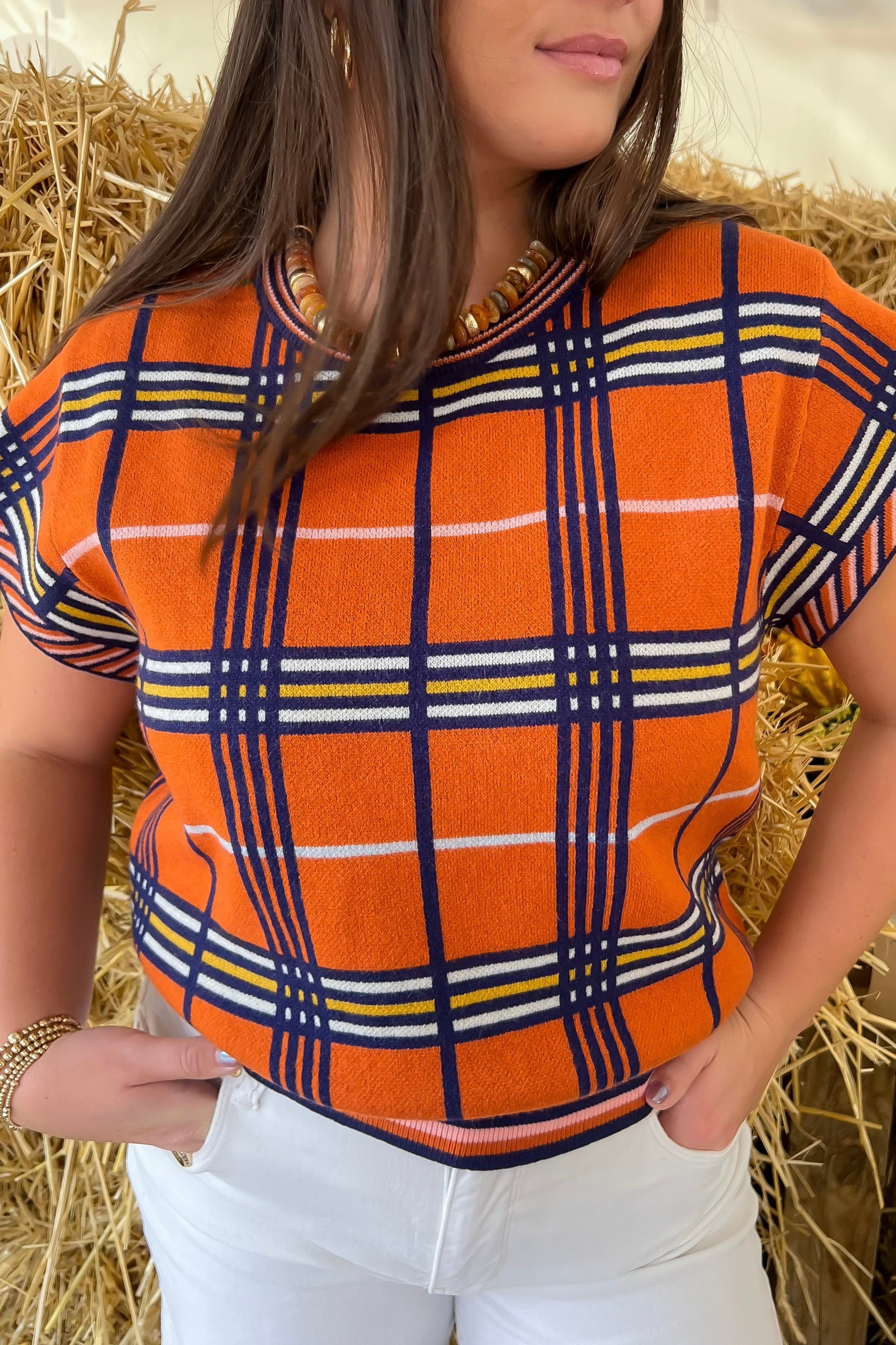 THML Orange Plaid Printed Short Sleeve Knit Top-Tops-THML-L. Mae Boutique & Wild Mabel Clothing