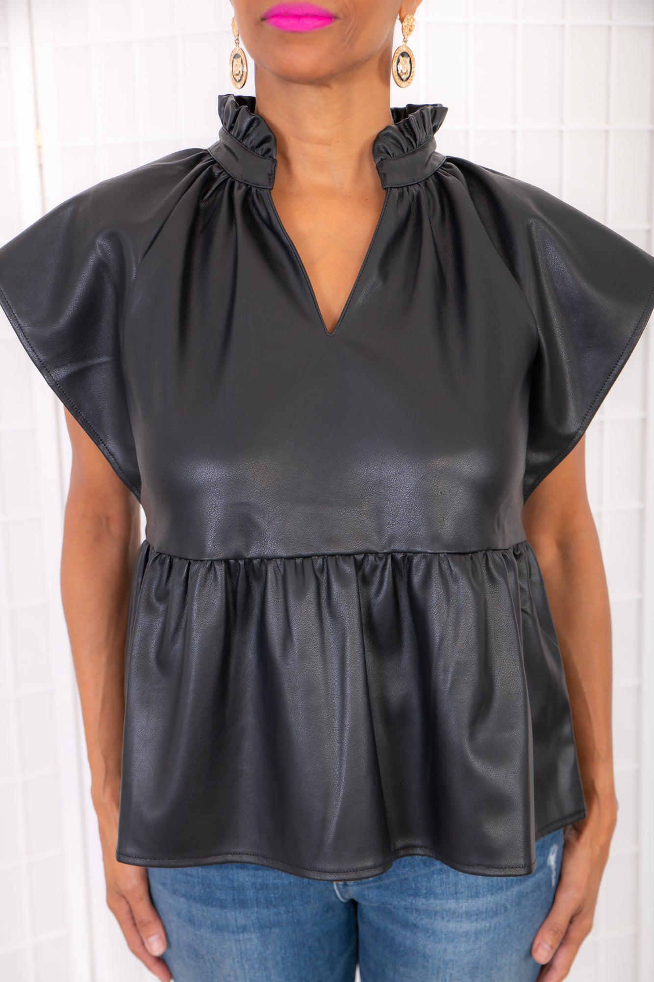 THML Peplum Black Leather Top-Tops-THML-L. Mae Boutique &amp; Wild Mabel Clothing