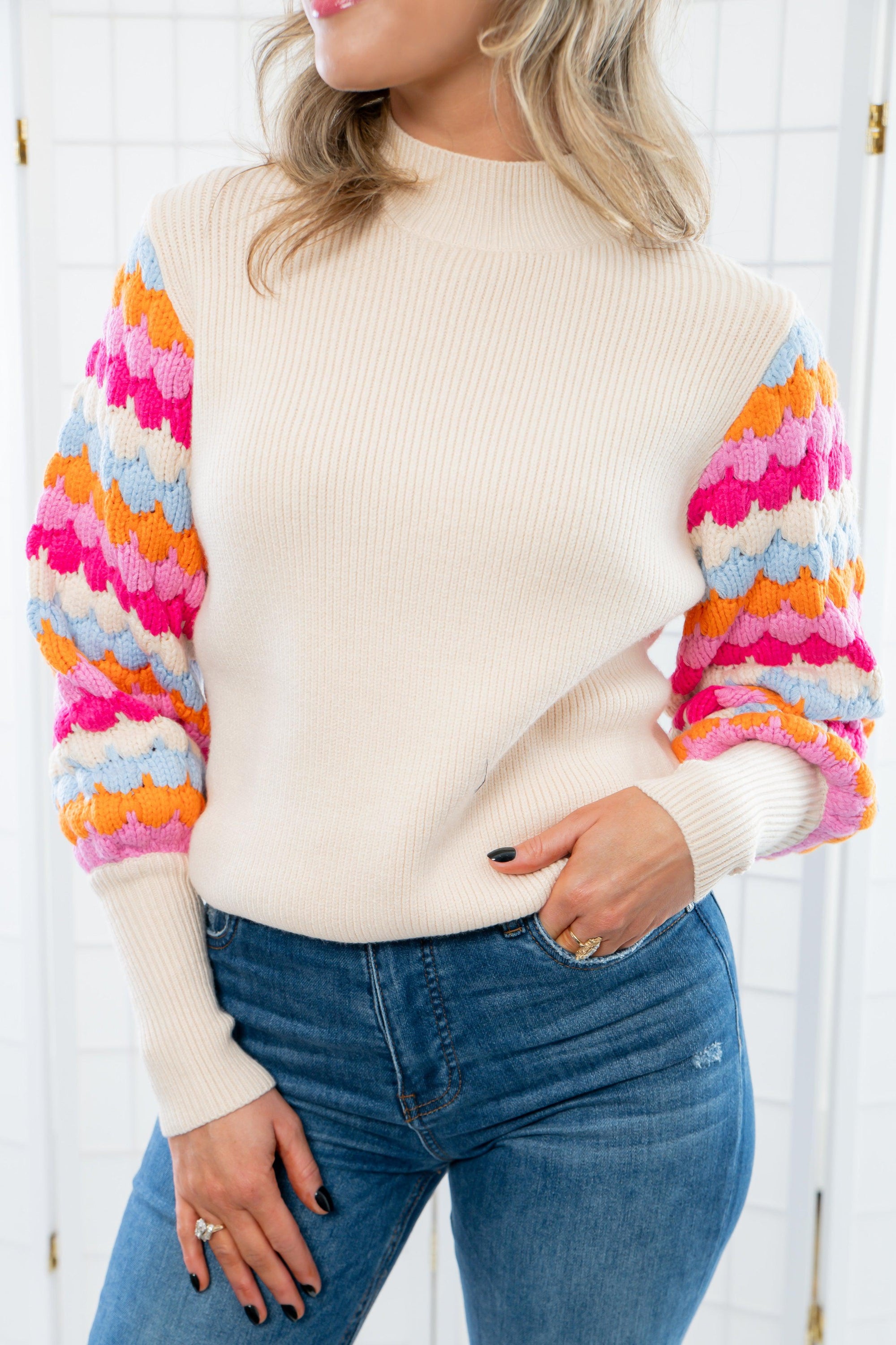 THML Pink &amp; Blue Knitted Bishop Sleeve Sweater-Tops-THML-L. Mae Boutique &amp; Wild Mabel Clothing