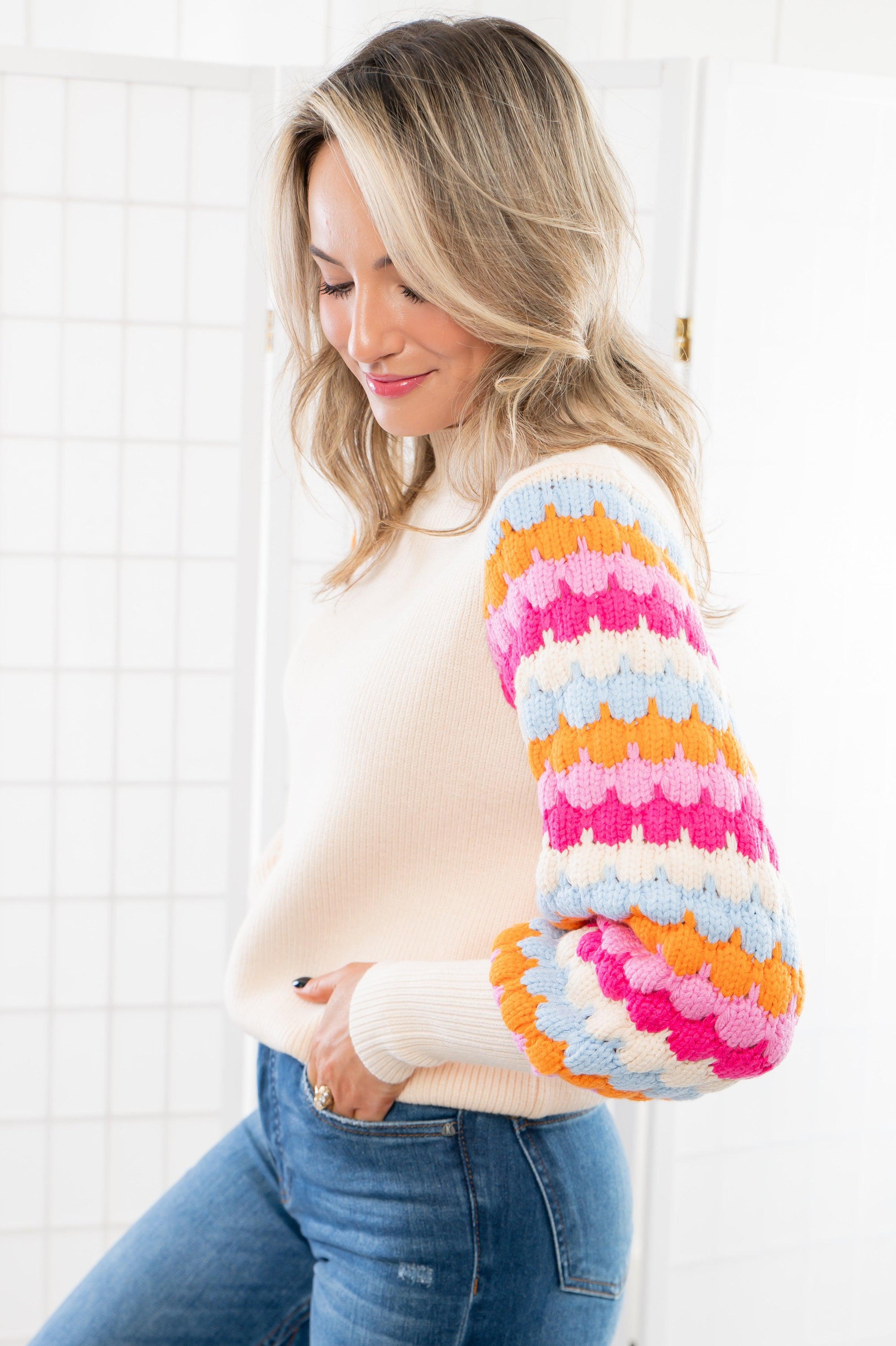 THML Pink &amp; Blue Knitted Bishop Sleeve Sweater-Tops-THML-L. Mae Boutique &amp; Wild Mabel Clothing