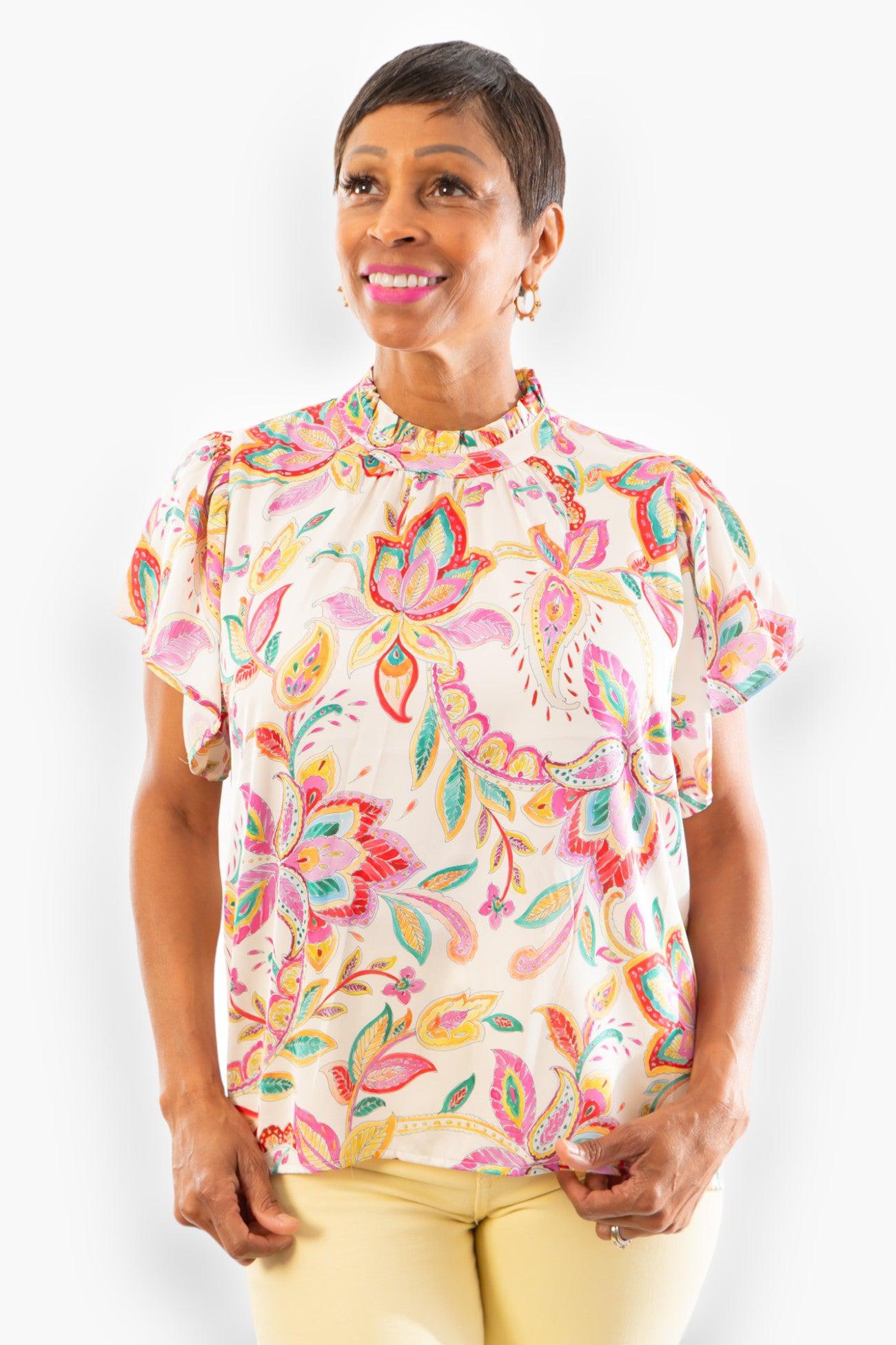 THML Pink Paisley Flutter Sleeve Satin Top-Tops-THML-L. Mae Boutique & Wild Mabel Clothing