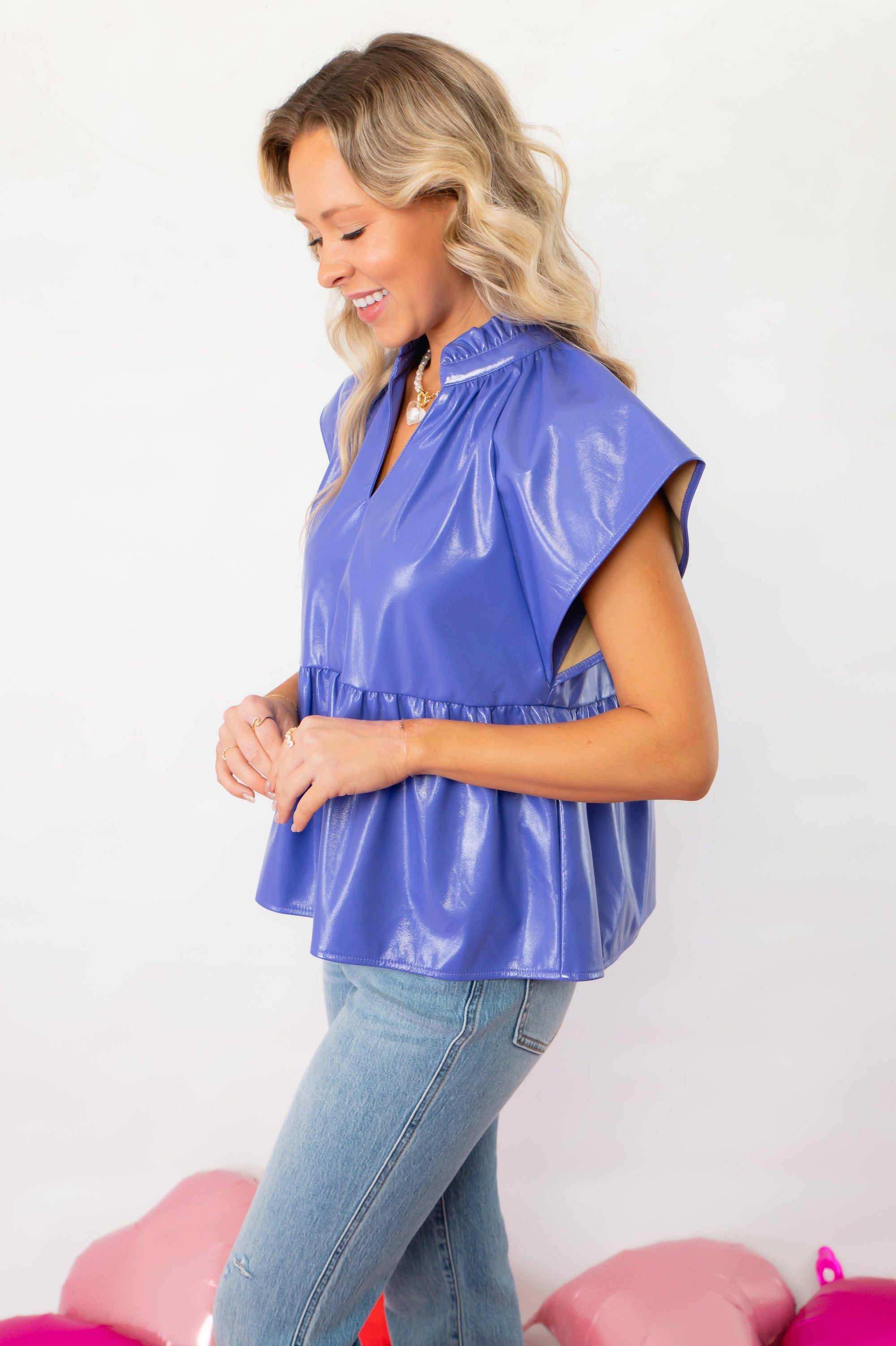 THML Purple V Neck Leather Top-Tops-THML-L. Mae Boutique & Wild Mabel Clothing