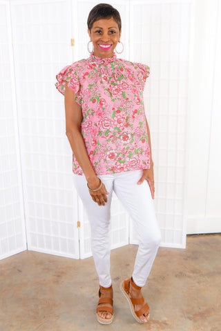 THML Rhonda Pink & Green Floral Top-THML-L. Mae Boutique