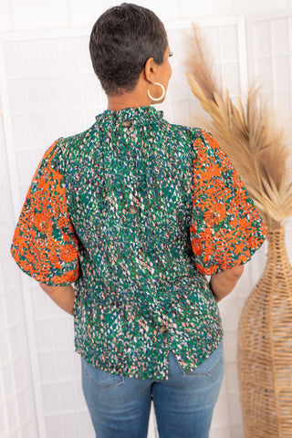 THML Say It All Green Floral Puff Sleeve Embroidered Blouse-Tops-THML-L. Mae Boutique & Wild Mabel Clothing