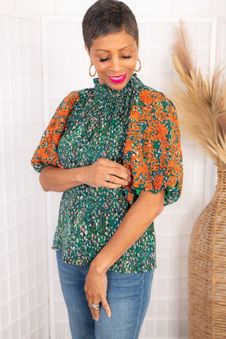 THML Say It All Green Floral Puff Sleeve Embroidered Blouse-Tops-THML-L. Mae Boutique & Wild Mabel Clothing