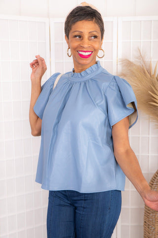 THML Tell Me About It Blue Faux Leather Flutter Sleeve Top-THML-L. Mae Boutique