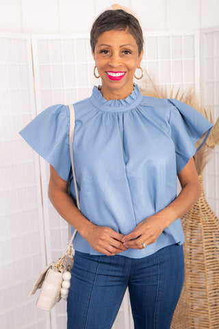 THML Tell Me About It Blue Faux Leather Flutter Sleeve Top-Tops-THML-L. Mae Boutique & Wild Mabel Clothing