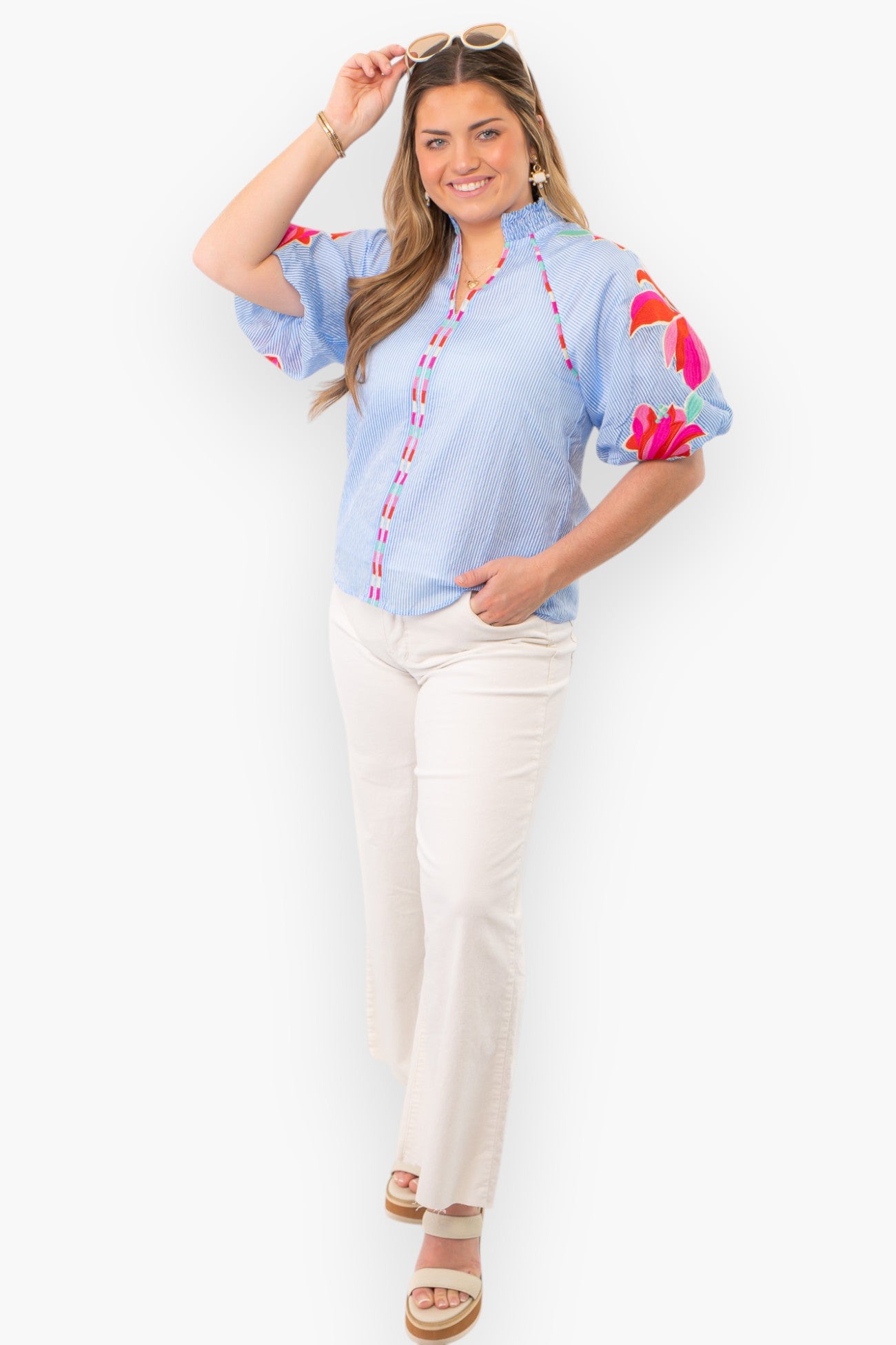 THML Tropical Embroidered Seersucker Top-Tops-THML-L. Mae Boutique & Wild Mabel Clothing