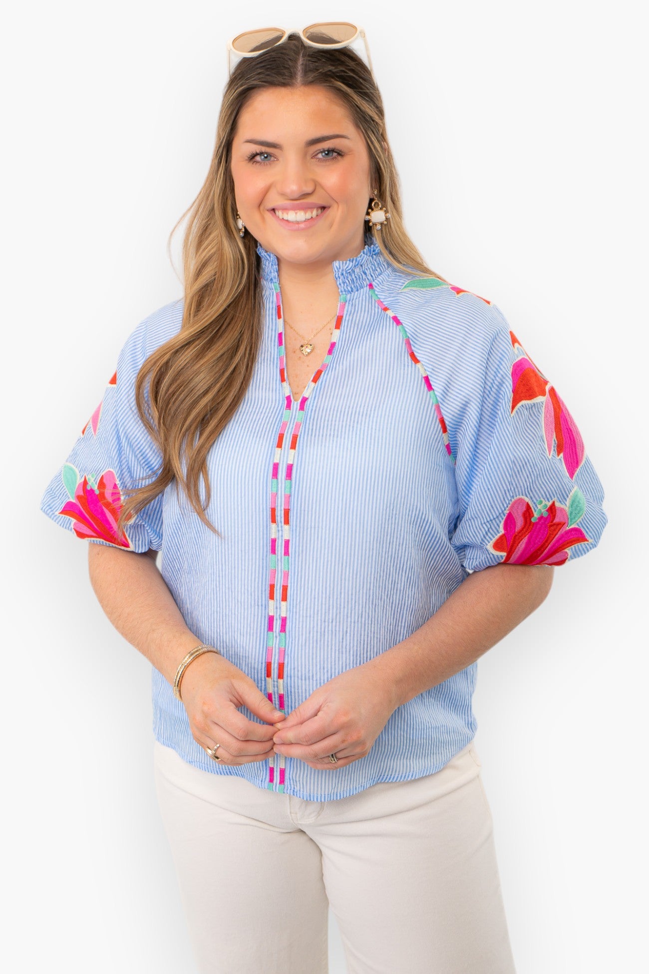 THML Tropical Embroidered Seersucker Top-Tops-THML-L. Mae Boutique &amp; Wild Mabel Clothing