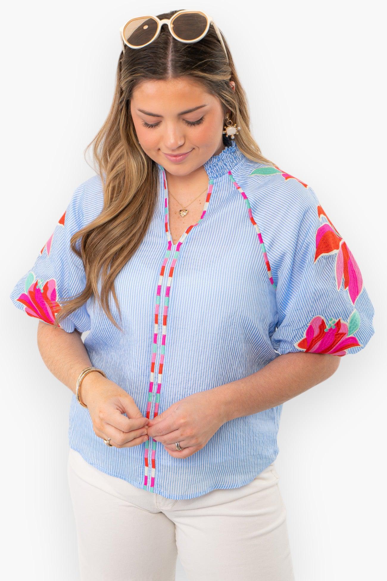 THML Tropical Embroidered Seersucker Top-Tops-THML-L. Mae Boutique & Wild Mabel Clothing