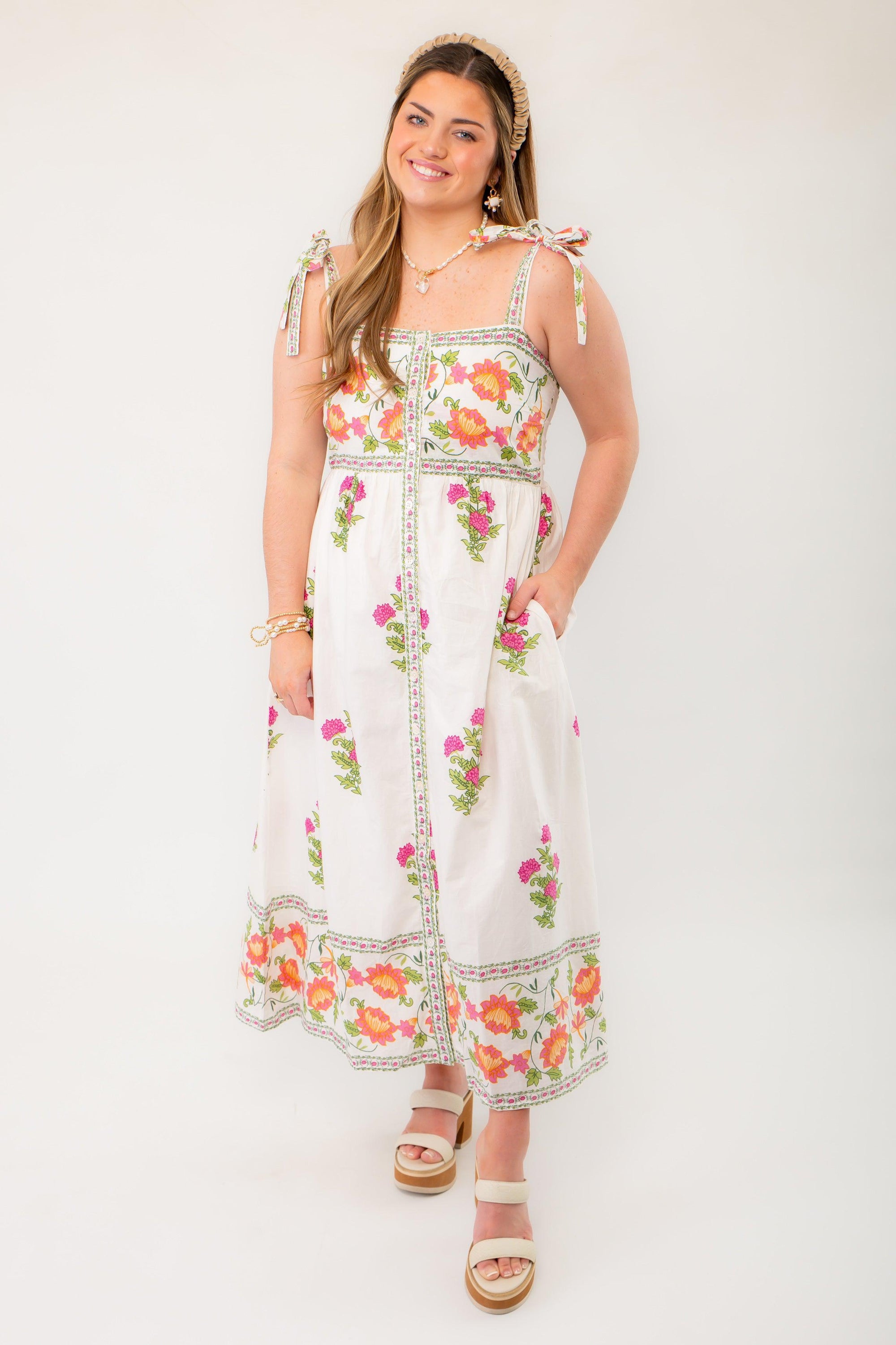 Model wearing THML Vintage Floral Cream Button Down Midi Dress, featuring a flattering fit and vibrant floral design.