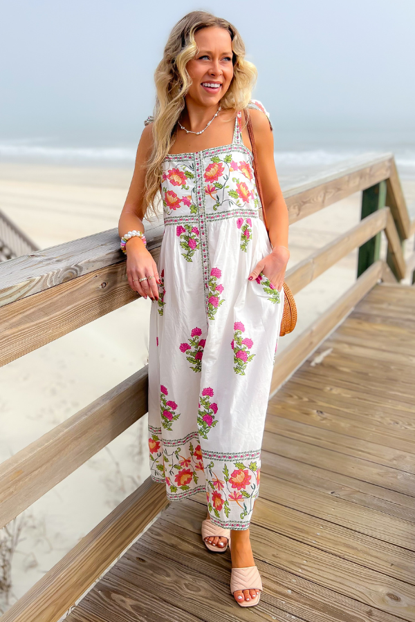THML Vintage Floral Cream Button Down Midi Dress with tie straps and smocked back, perfect for spring and vacation wear.