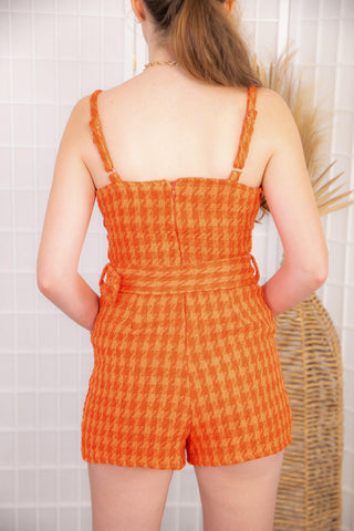 Tailgate Orange Tweed Belted Romper-day + moon-L. Mae Boutique