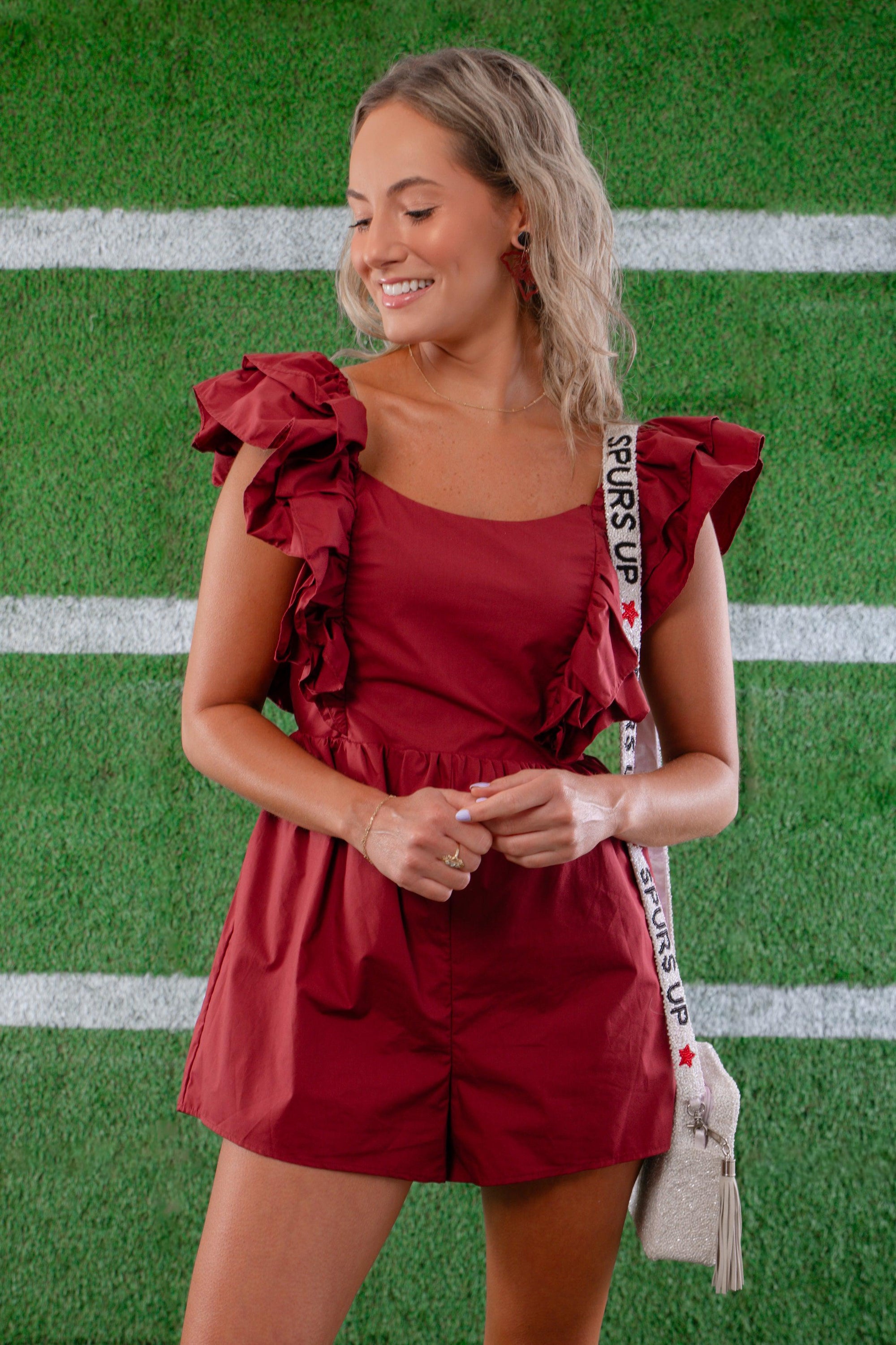 Tailgate Party Garnet Ruffle Sleeve Romper-Onesies-day + moon-L. Mae Boutique &amp; Wild Mabel Clothing