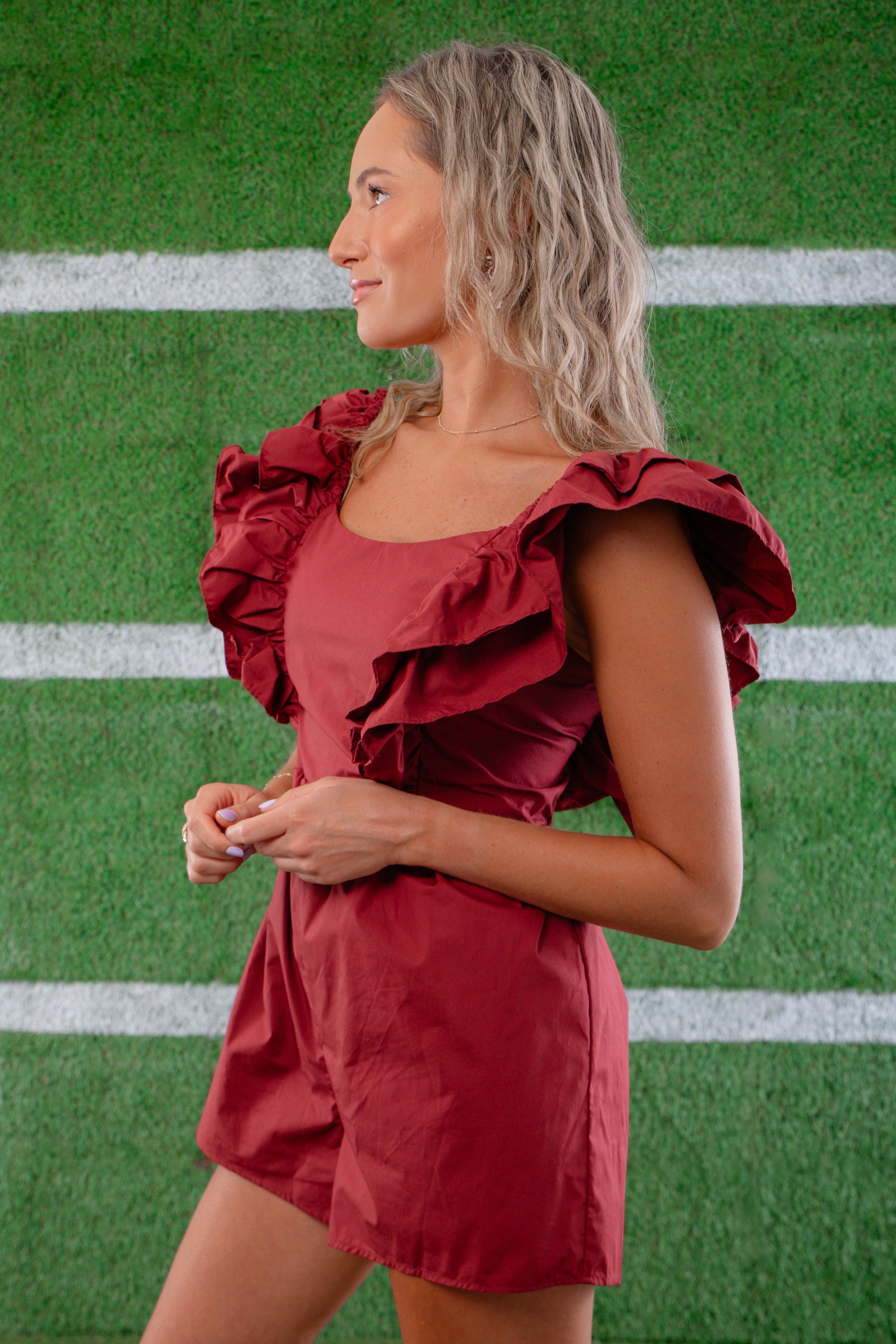 Tailgate Party Garnet Ruffle Sleeve Romper-Onesies-day + moon-L. Mae Boutique &amp; Wild Mabel Clothing