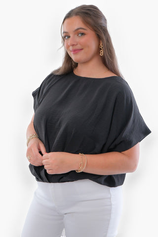 Taylor Black Gathered Hem Loose Top-Tops-Entro-L. Mae Boutique & Wild Mabel Clothing