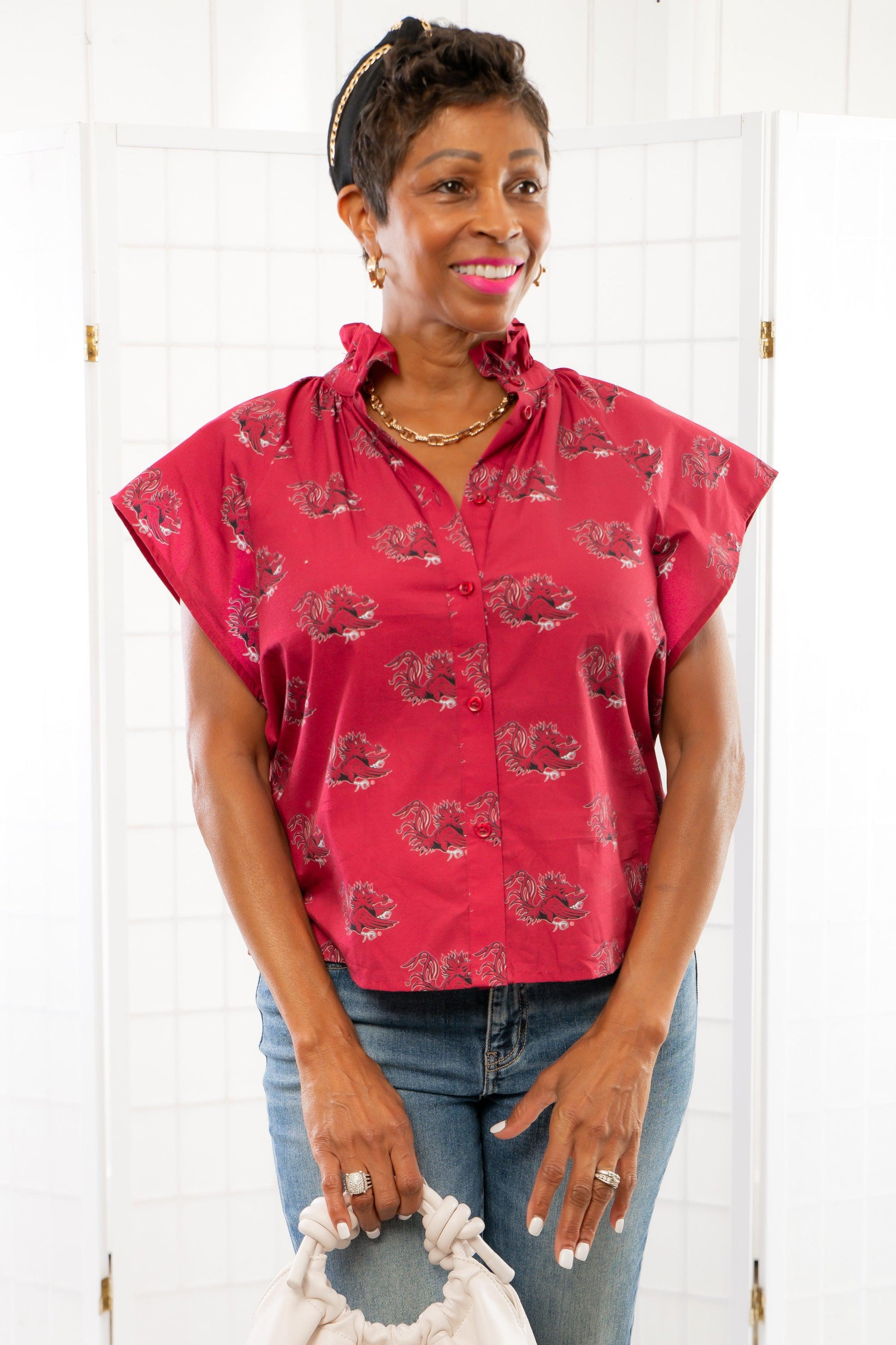 The Gamecocks Garnet &amp; Black Poplin Blouse-Tops-Stewart Simmons-L. Mae Boutique &amp; Wild Mabel Clothing