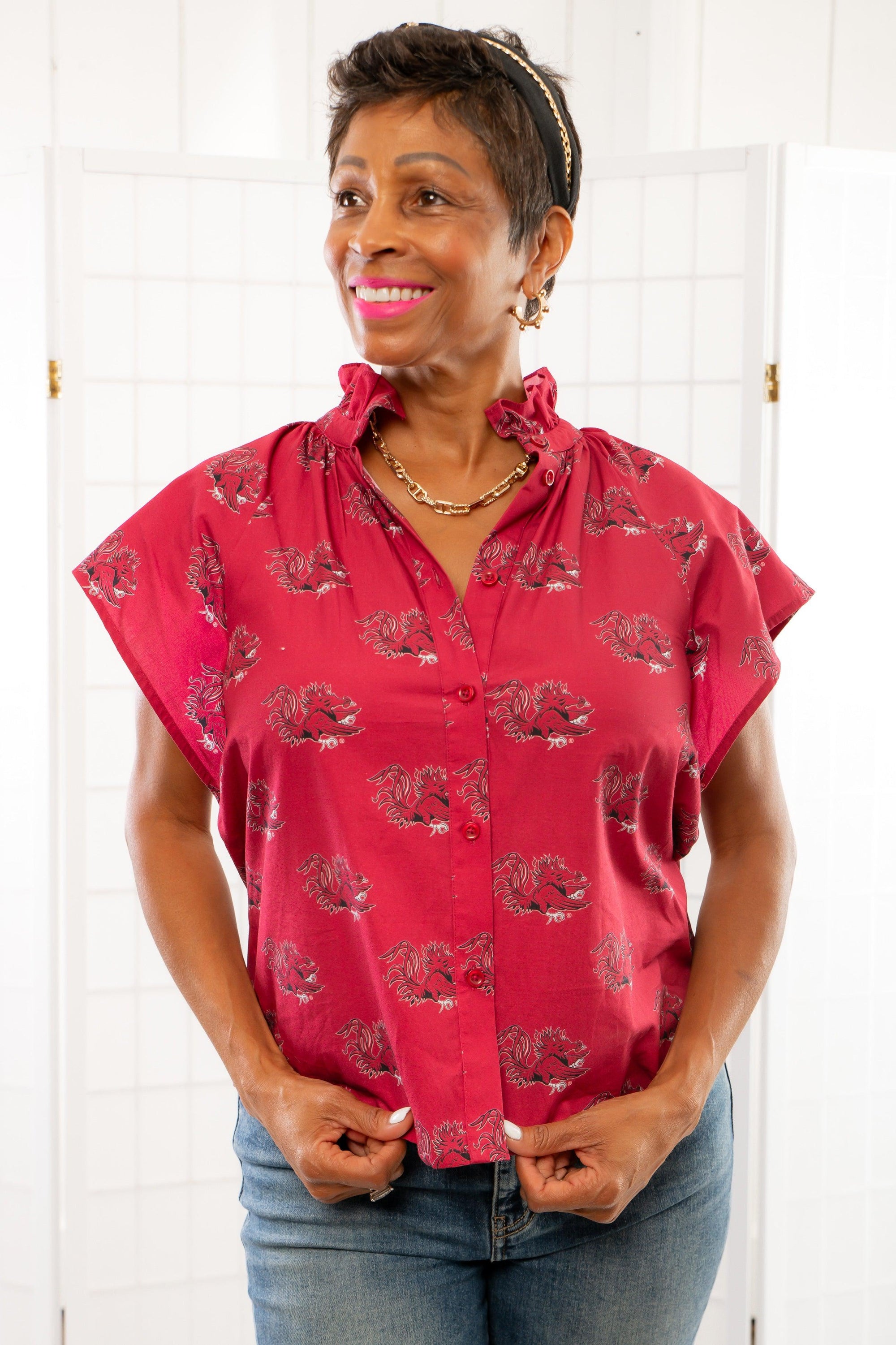 The Gamecocks Garnet &amp; Black Poplin Blouse-Tops-Stewart Simmons-L. Mae Boutique &amp; Wild Mabel Clothing