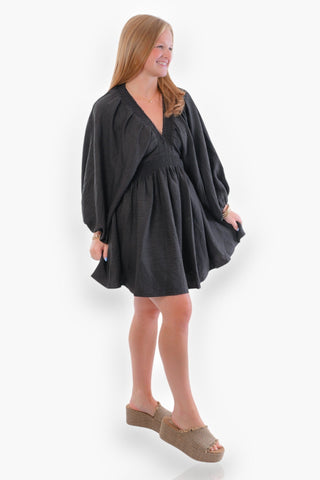 The Good Time Black V Neck Crinkle Mini Dress-Dresses-Entro-L. Mae Boutique & Wild Mabel Clothing