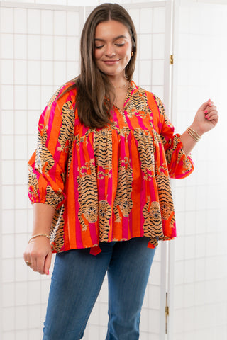 The Tiger Orange & Pink Tiger Striped Babydoll Top-Bhavnas Boutique-L. Mae Boutique