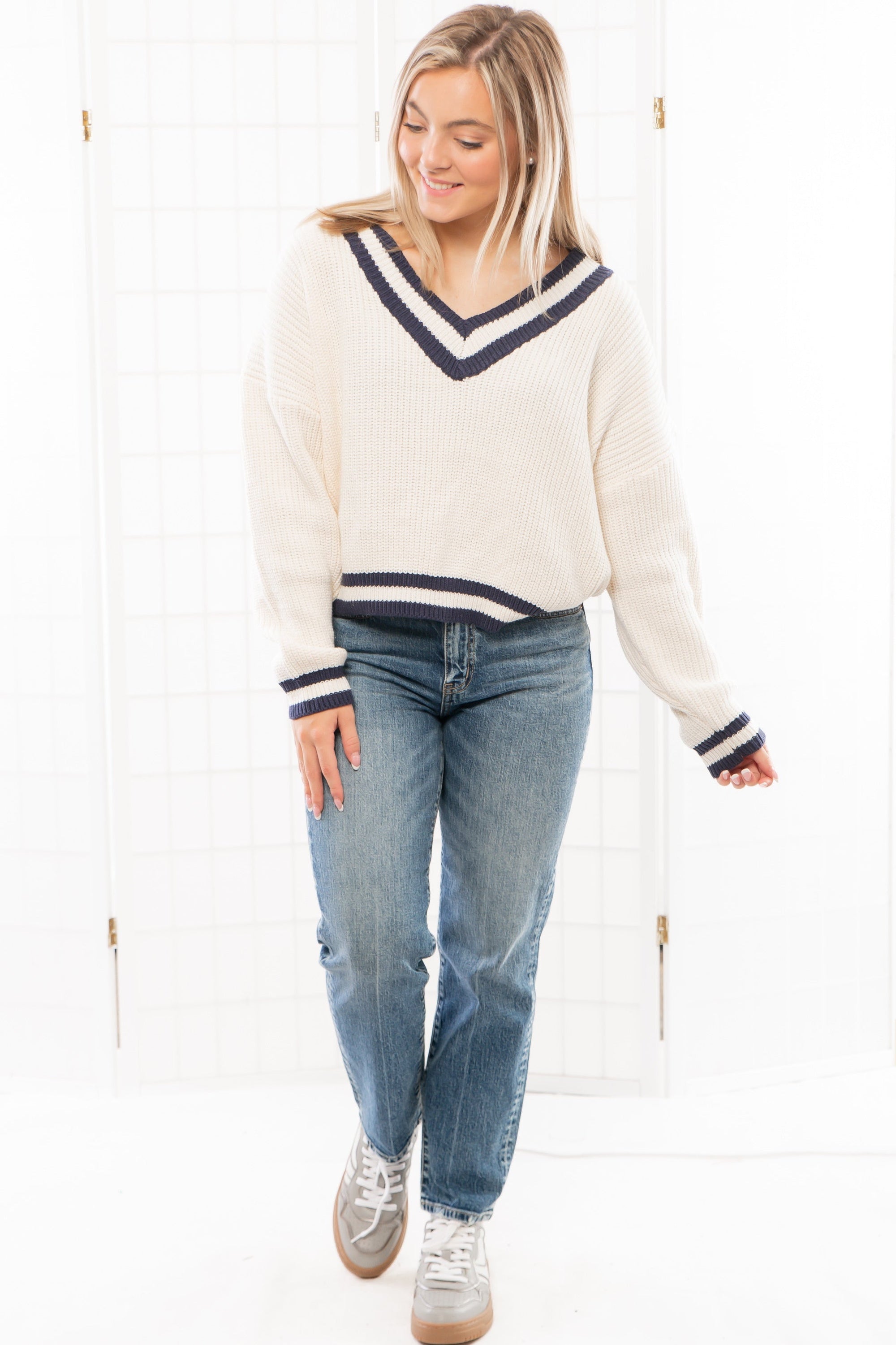 The Varsity Navy Blue Stripe Sweater-Tops-Things Between-L. Mae Boutique & Wild Mabel Clothing