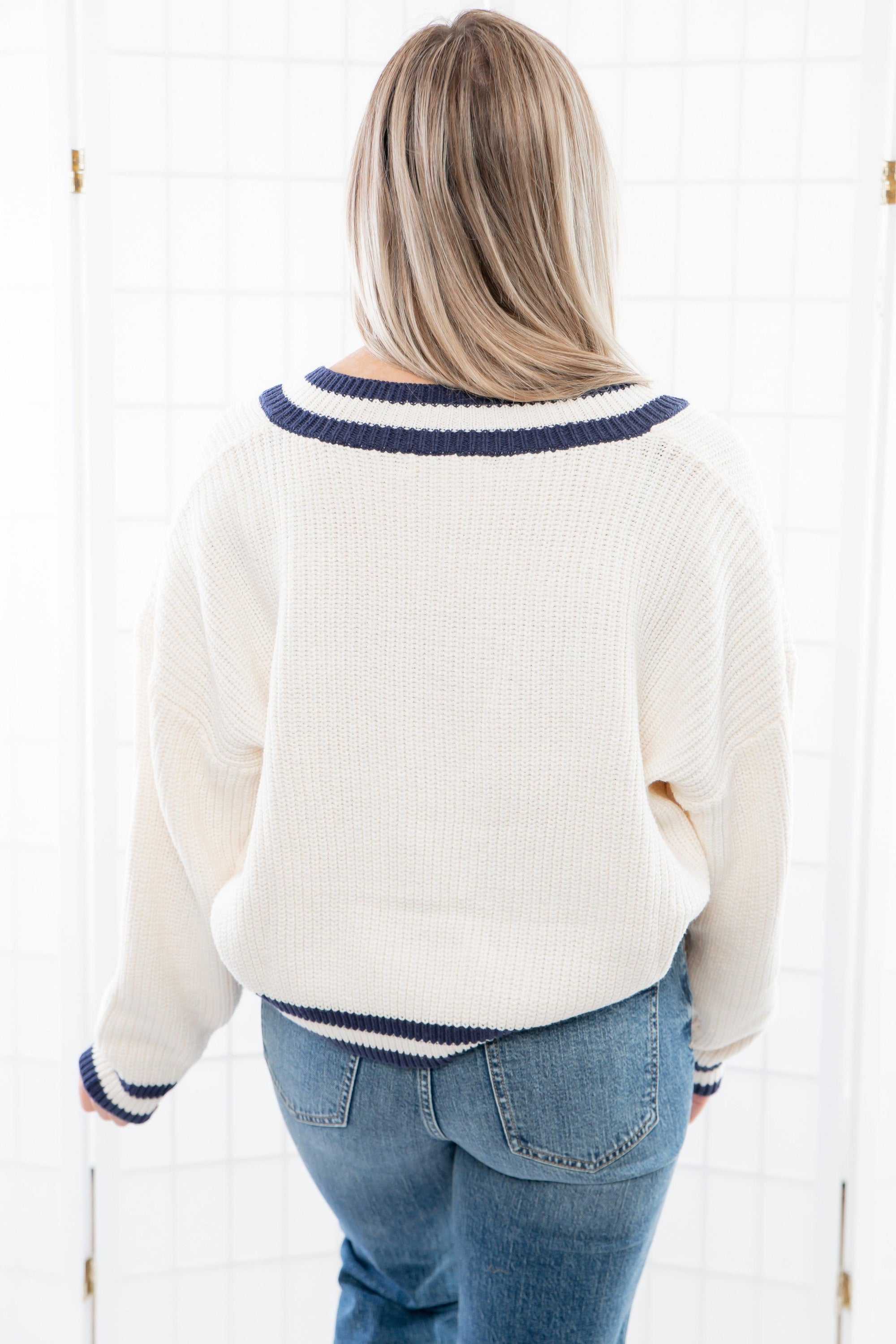 The Varsity Navy Blue Stripe Sweater-Tops-Things Between-L. Mae Boutique &amp; Wild Mabel Clothing